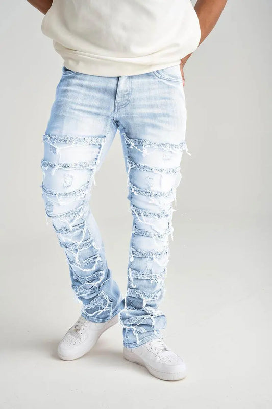 Spark - Stretch Stack Jeans With Frayed Patch - Light Blue - BLVD