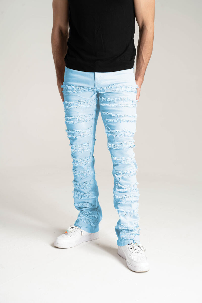 Spark - Stretch Stack Jeans With Frayed Patch - Sky Blue SPARK