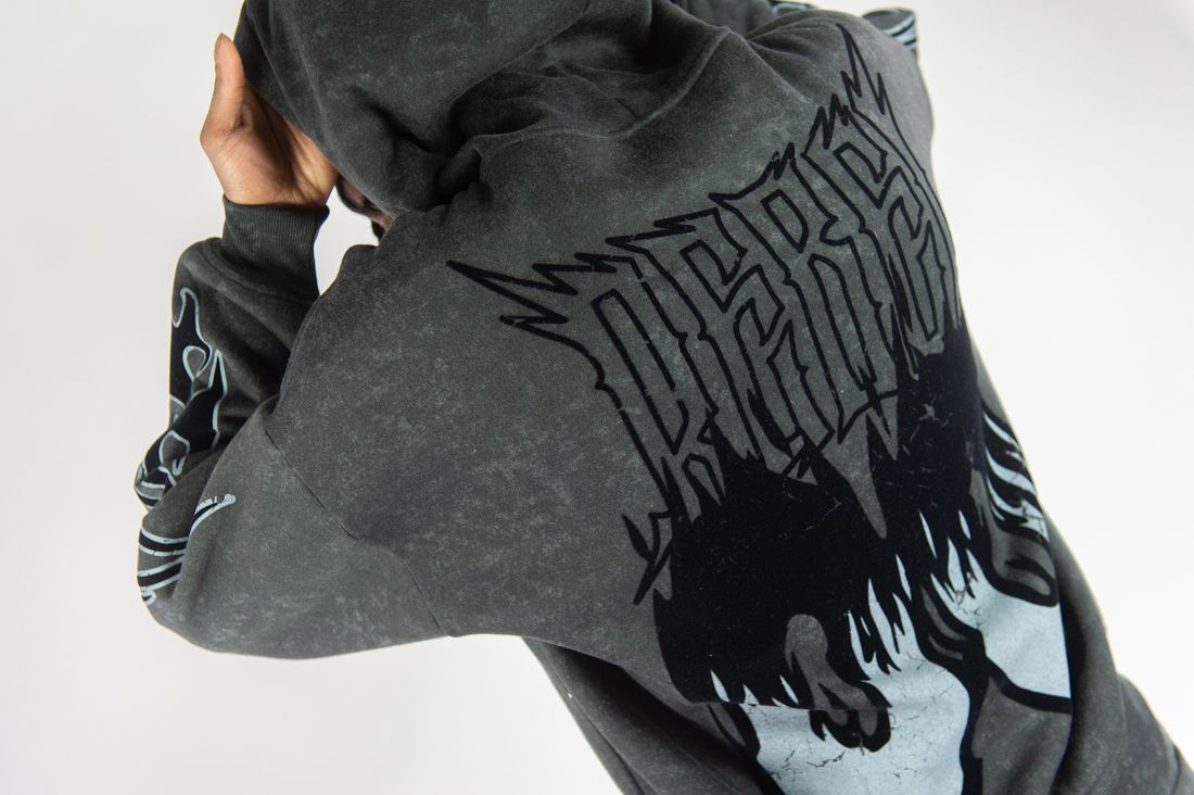 Rm - Flame Skull Acid Washed Hoodie & Stacked Pants Set - Black Wash Rebel Minds