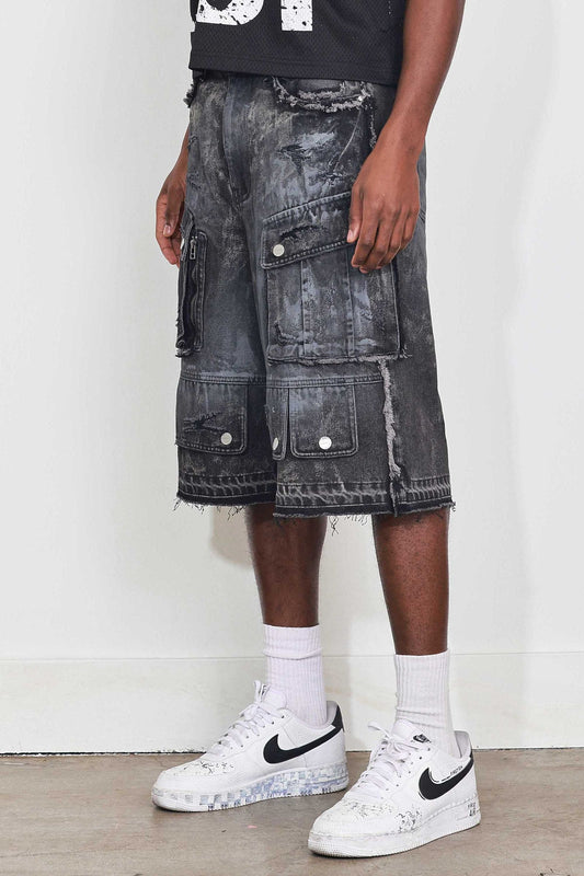 Fr - Washed Multi Cargo Denim Shorts - Black Stone
