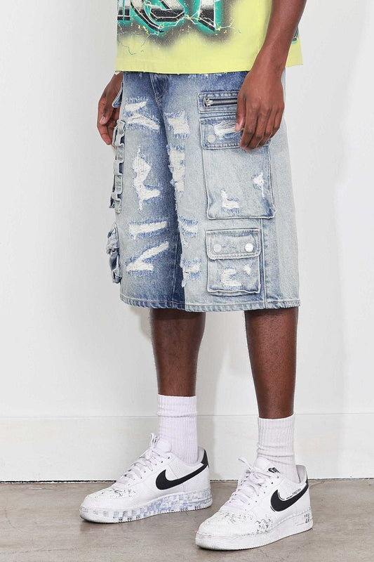 Fr - Washed Multi Cargo Denim Shorts - Medium Blue