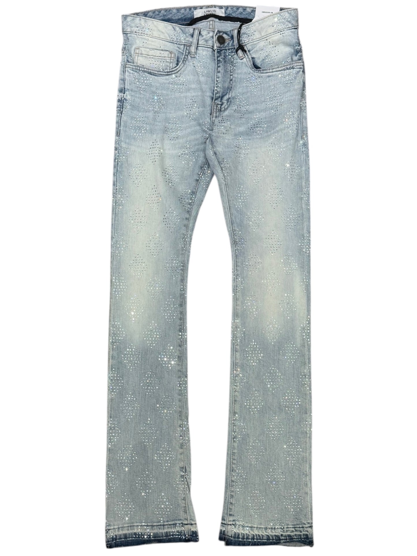Liquid Crystal - Men Diamond Crystal Stacked Jeans - Ice Blue JTF2317