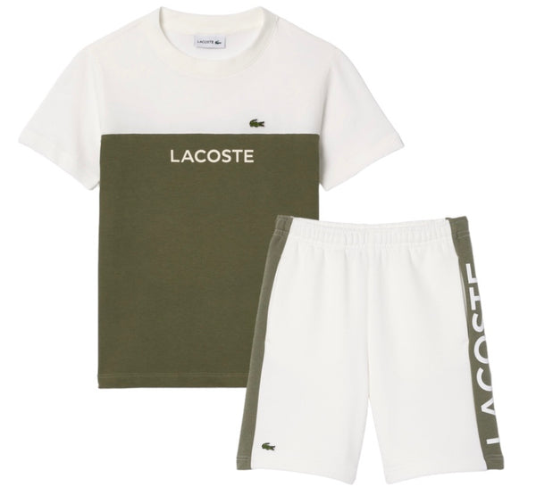 Lacoste  Kids’ Colorblock T-shirt & Striped Shorts Set - White Khaki Green IMI