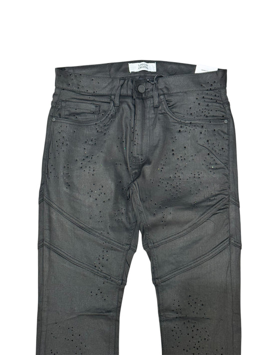 Liquid Crystal - Men Crystal Stacked Jeans - Jet Black Wax
