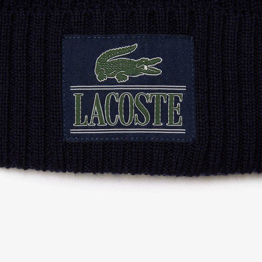 Lacoste Ribbed Wool Woven Patch Beanie - Navy 166 - BLVD