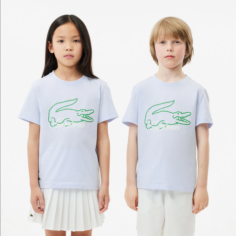 Lacoste Kids' Bright Croc Print Cotton T-Shirt  - Light Blue White T69