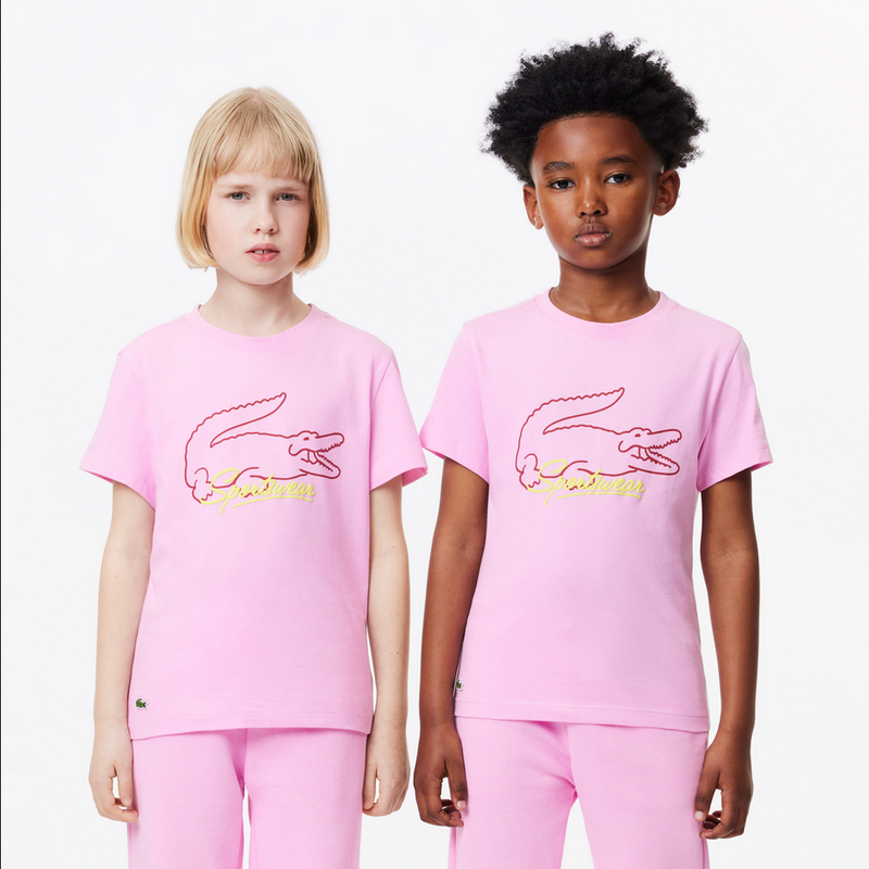 Lacoste Kids' Bright Croc Print Cotton T-Shirt  - Pink IU9