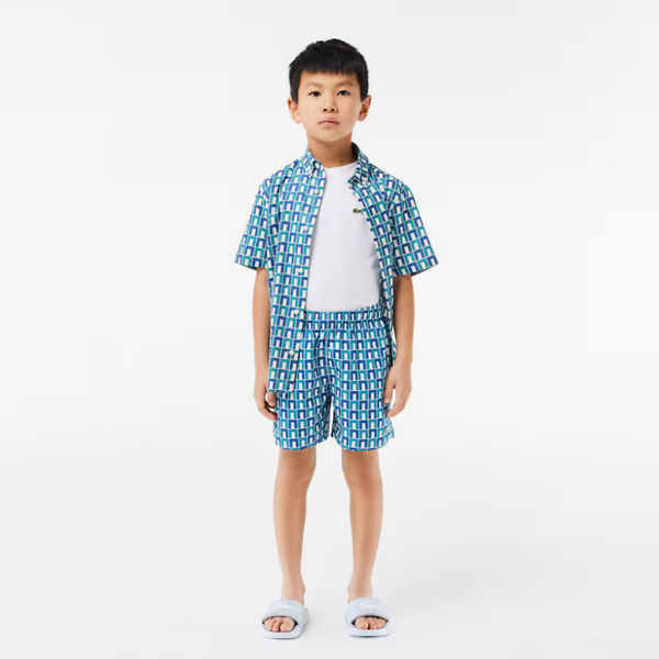 Lacoste  Kids' Short Sleeved Monogram Print Shirt & Shorts Set - White Blue R1T