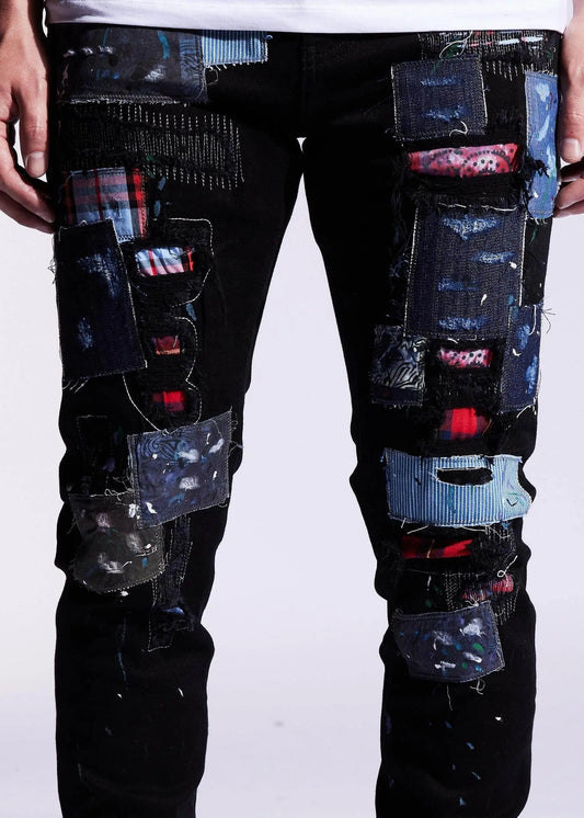Men's Embellish Silas Black Patchwork Denim - BLVD