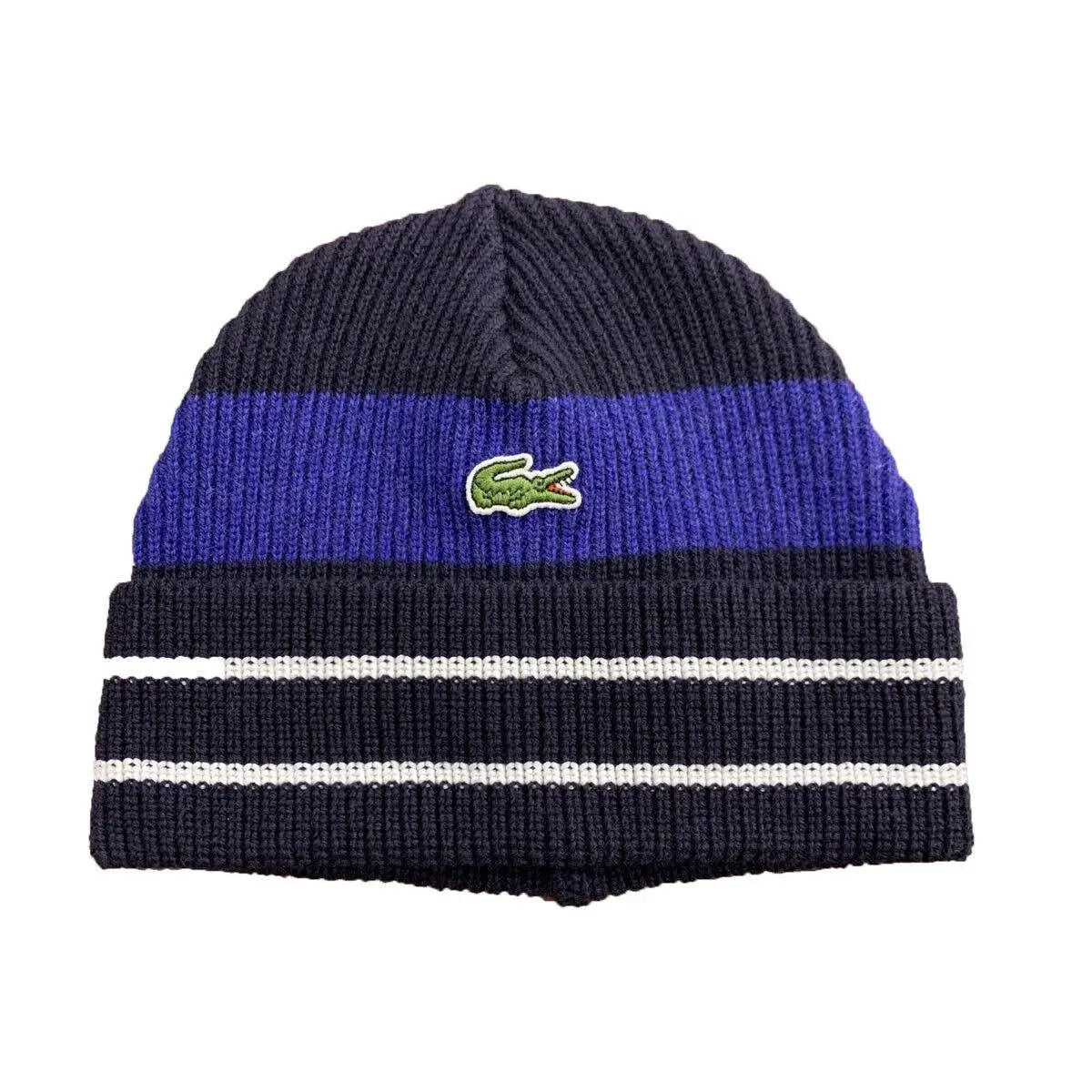 Lacoste Men's Made in France Striped Ribbed Wool Beanie (Black) - BLVD