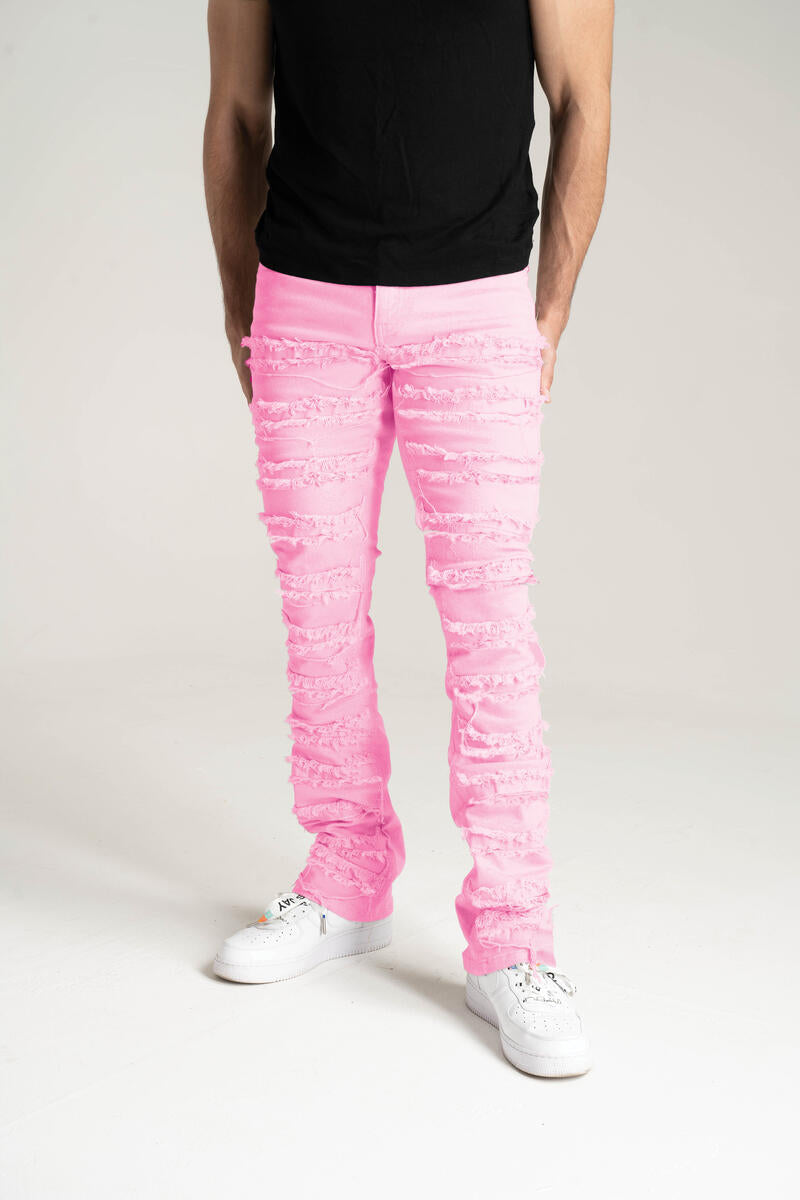 Spark - Stretch Stack Jeans With Frayed Patch - Pink SPARK