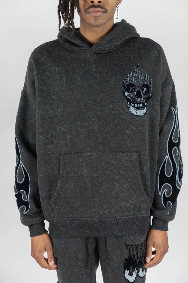 Rm - Flame Skull Acid Washed Hoodie &  Stacked Pants Set - Black Wash Rebel Minds