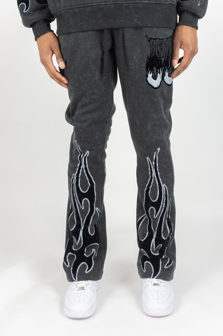 Rm - Flame Skull Acid Washed Hoodie &  Stacked Pants Set - Black Wash Rebel Minds
