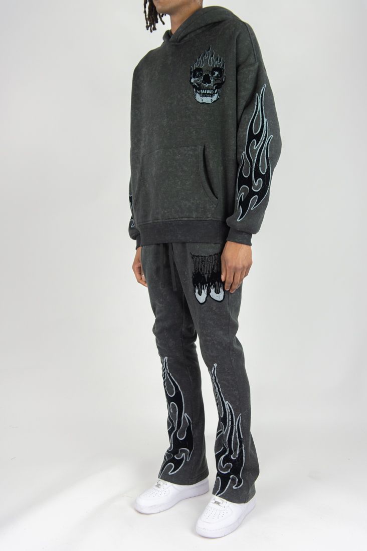 Rm - Flame Skull Acid Washed Hoodie &  Stacked Pants Set - Black Wash Rebel Minds