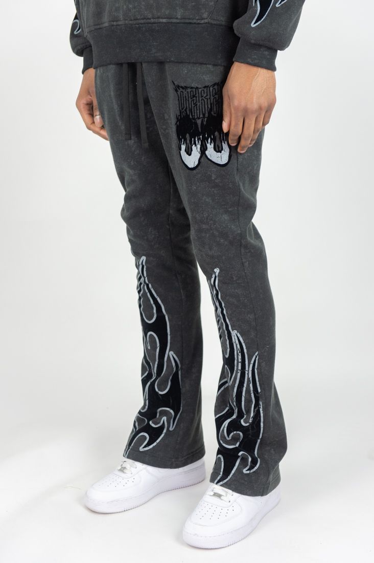 Rm - Flame Skull Acid Washed Hoodie &  Stacked Pants Set - Black Wash Rebel Minds