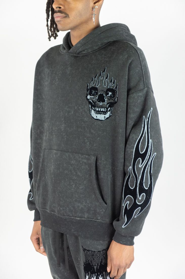Rm - Flame Skull Acid Washed Hoodie &  Stacked Pants Set - Black Wash Rebel Minds