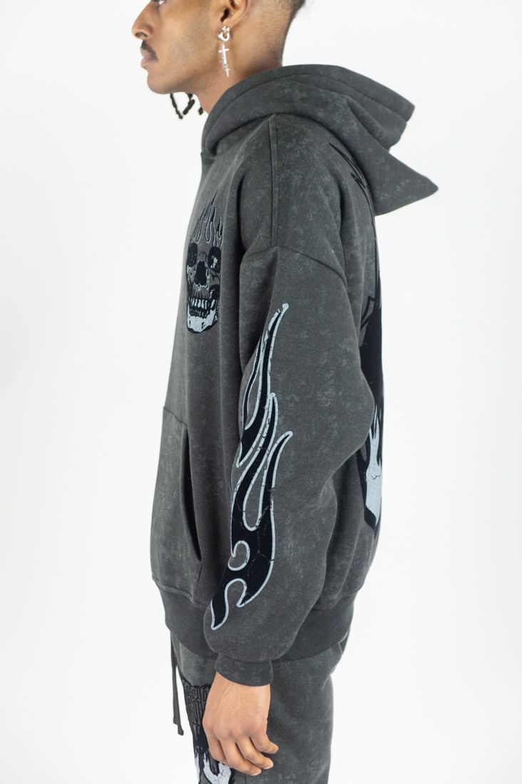 Rm - Flame Skull Acid Washed Hoodie &  Stacked Pants Set - Black Wash Rebel Minds