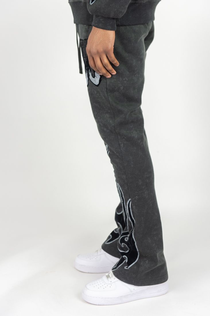 Rm - Flame Skull Acid Washed Hoodie &  Stacked Pants Set - Black Wash Rebel Minds