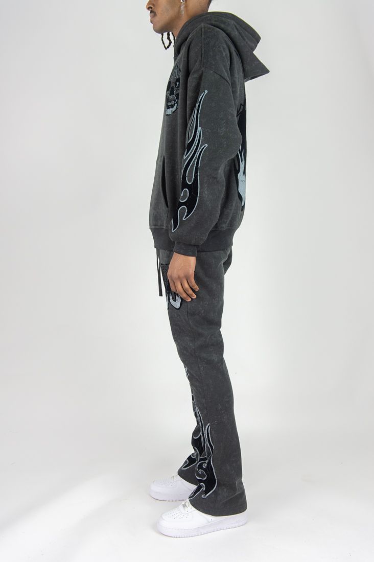 Rm - Flame Skull Acid Washed Hoodie &  Stacked Pants Set - Black Wash Rebel Minds