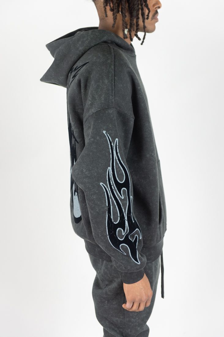 Rm - Flame Skull Acid Washed Hoodie &  Stacked Pants Set - Black Wash Rebel Minds