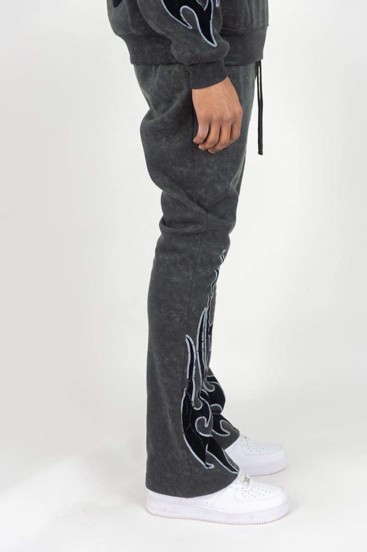 Rm - Flame Skull Acid Washed Hoodie &  Stacked Pants Set - Black Wash Rebel Minds
