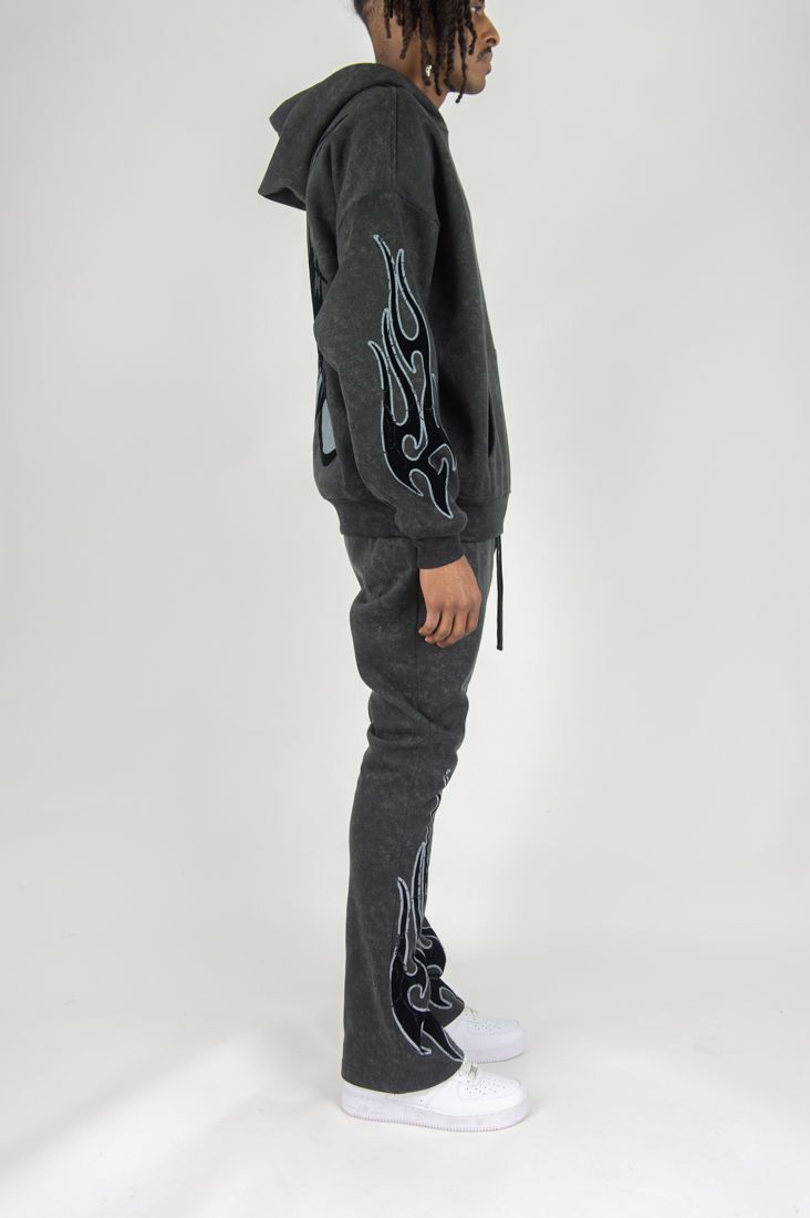 Rm - Flame Skull Acid Washed Hoodie &  Stacked Pants Set - Black Wash Rebel Minds