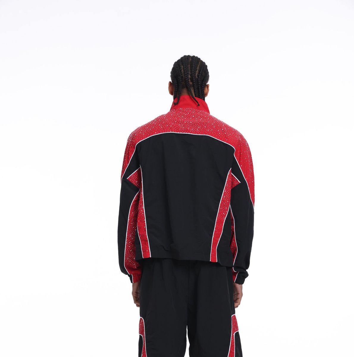 Syndicate - Men's Nylon Windbreaker Jacket & Short Set W Rhinestones  - Black / Red