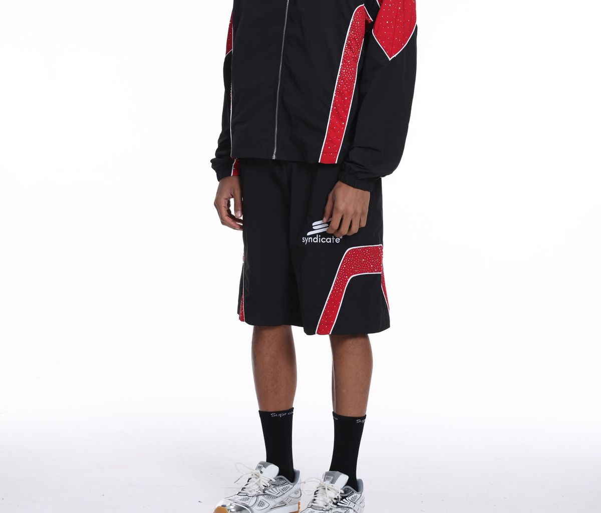 Syndicate - Men's Nylon Windbreaker Jacket & Short Set W Rhinestones  - Black / Red