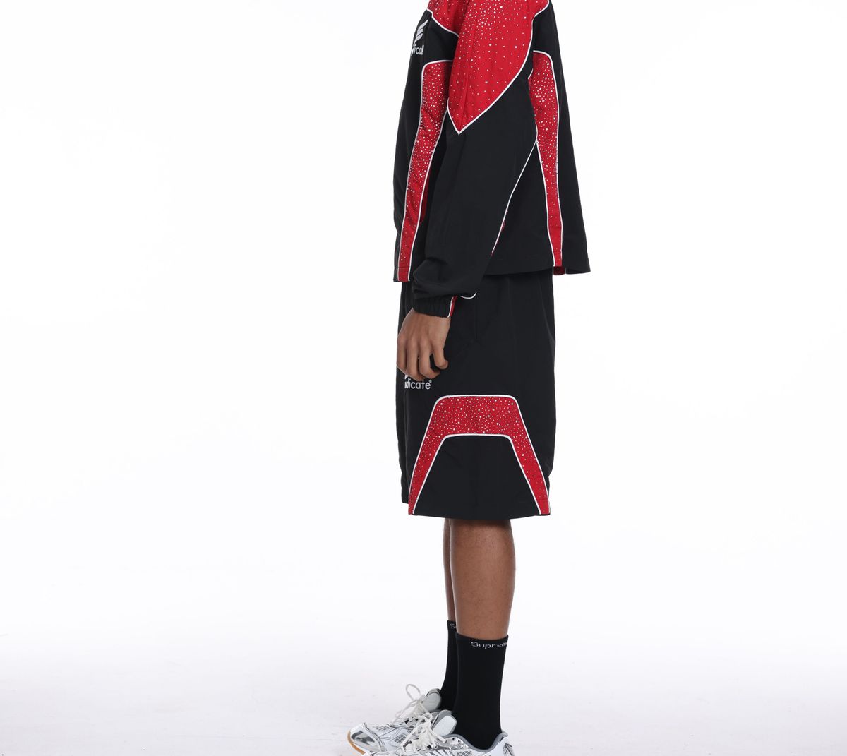 Syndicate - Men's Nylon Windbreaker Jacket & Short Set W Rhinestones  - Black / Red