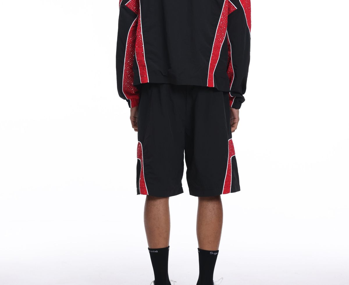 Syndicate - Men's Nylon Windbreaker Jacket & Short Set W Rhinestones  - Black / Red