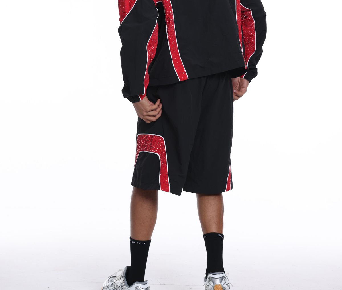 Syndicate - Men's Nylon Windbreaker Jacket & Short Set W Rhinestones  - Black / Red