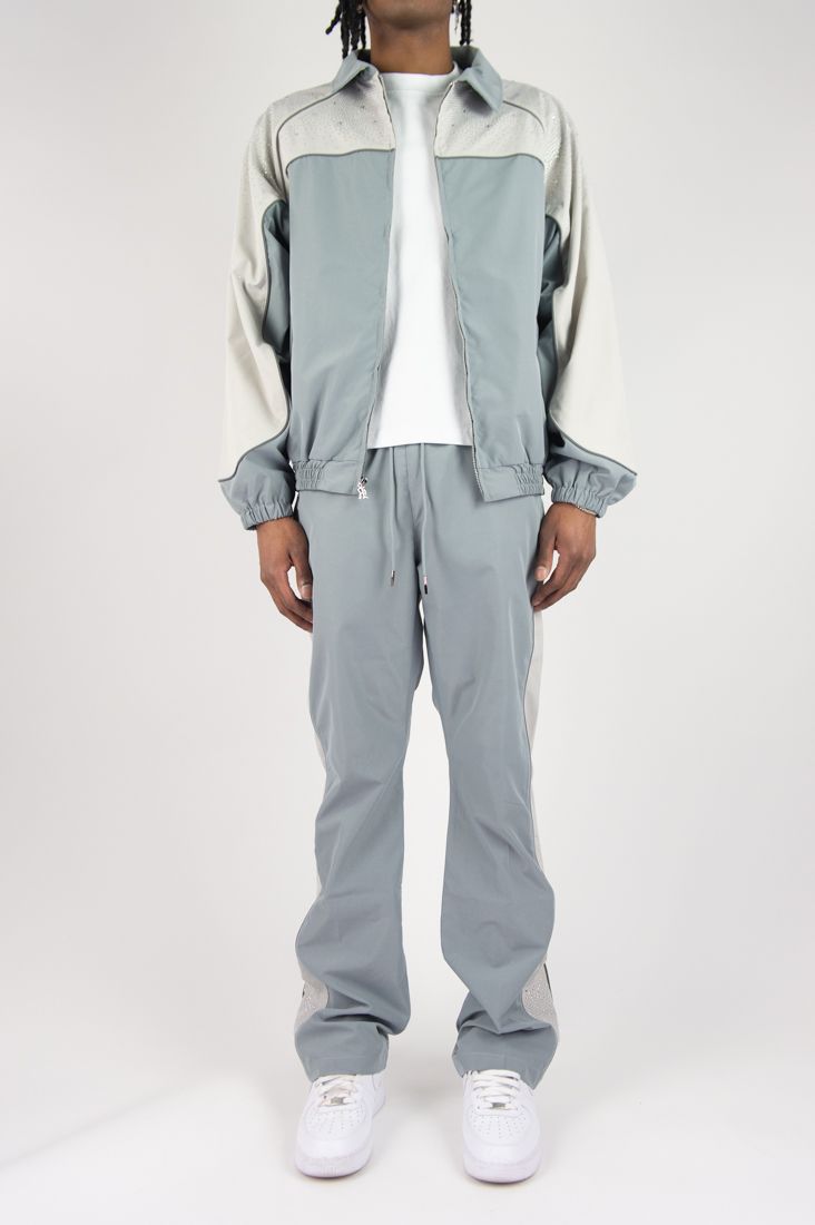 R3bel - Men's Nylon Windbreaker Beam Jacket & Pants Set W Rhinestones  - L Grey