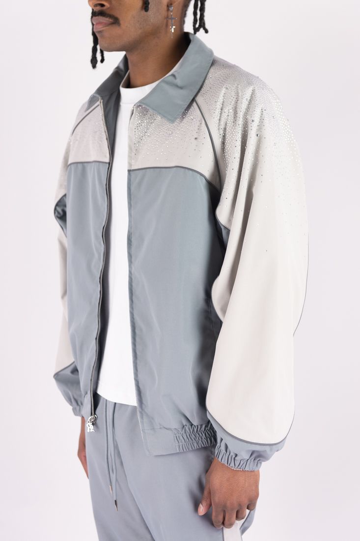 R3bel - Men's Nylon Windbreaker Beam Jacket & Pants Set W Rhinestones  - L Grey