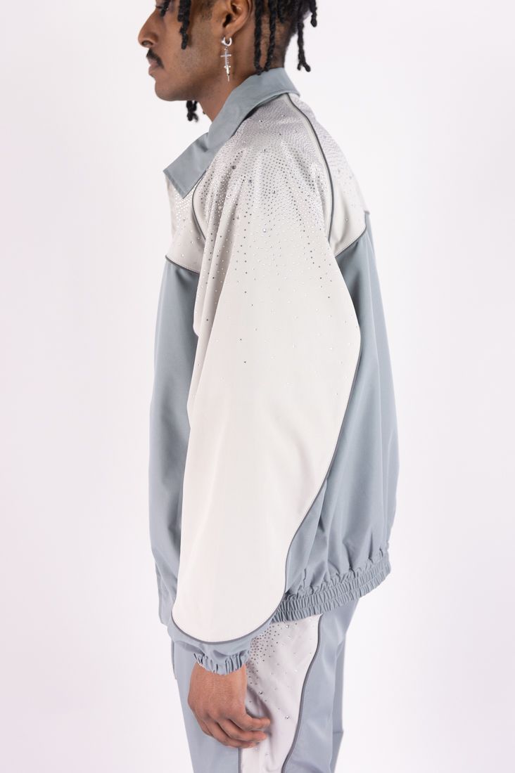 R3bel - Men's Nylon Windbreaker Beam Jacket & Pants Set W Rhinestones  - L Grey