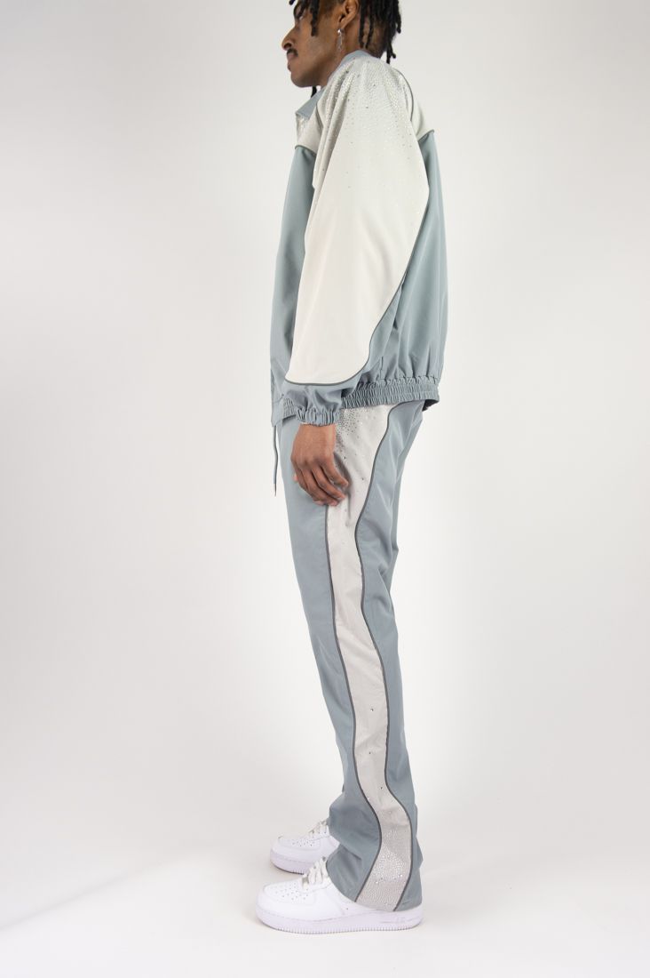 R3bel - Men's Nylon Windbreaker Beam Jacket & Pants Set W Rhinestones  - L Grey