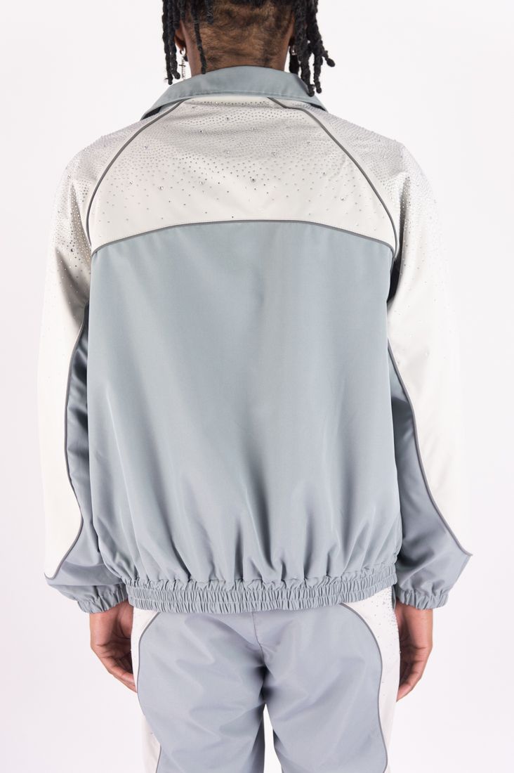 R3bel - Men's Nylon Windbreaker Beam Jacket & Pants Set W Rhinestones  - L Grey