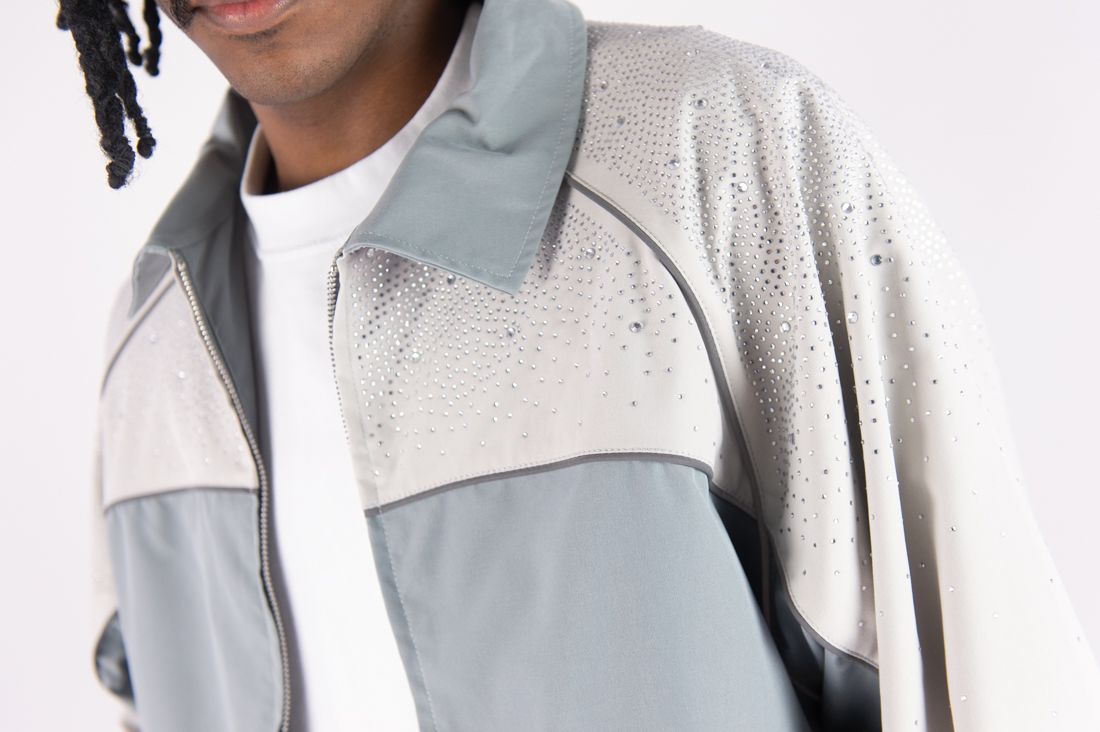 R3bel - Men's Nylon Windbreaker Beam Jacket & Pants Set W Rhinestones  - L Grey