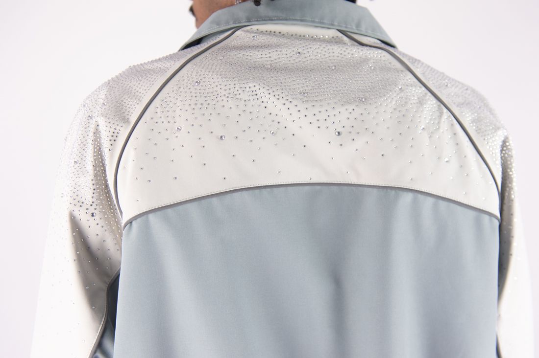 R3bel - Men's Nylon Windbreaker Beam Jacket & Pants Set W Rhinestones  - L Grey