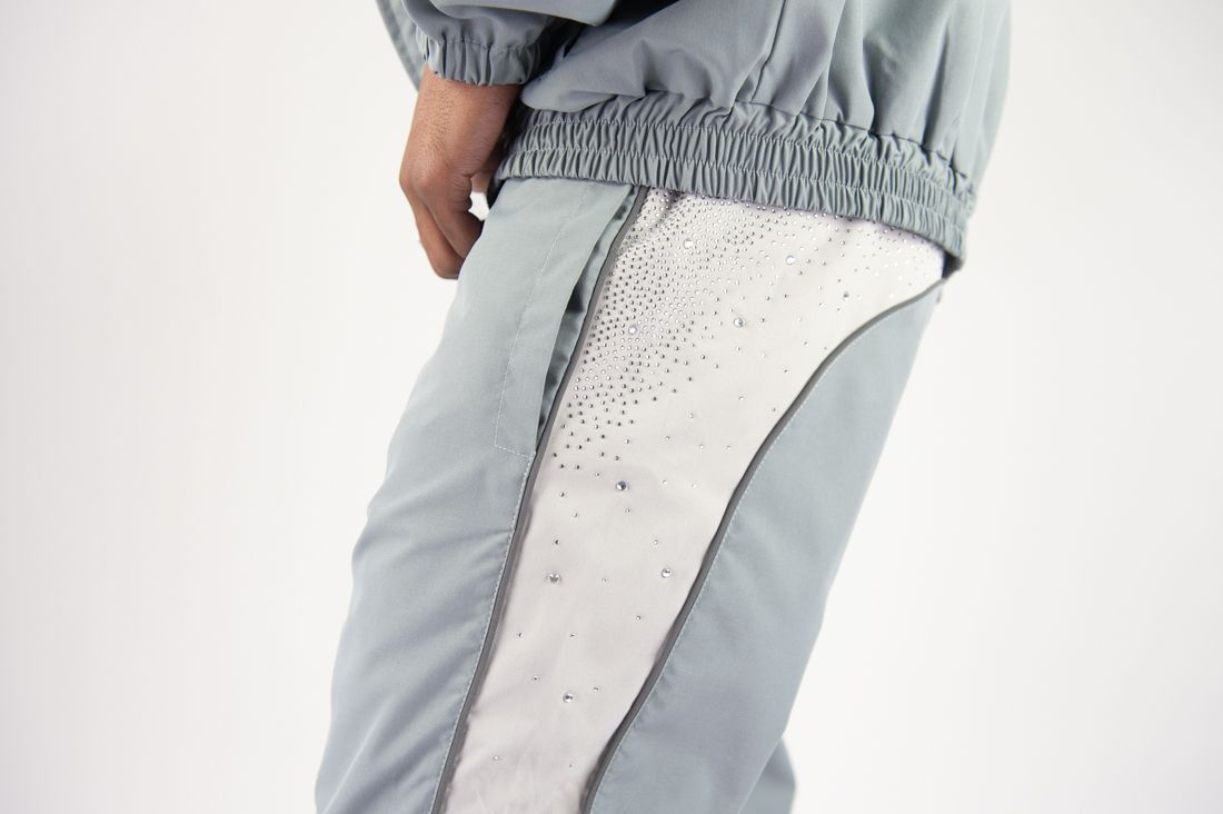 R3bel - Men's Nylon Windbreaker Beam Jacket & Pants Set W Rhinestones  - L Grey