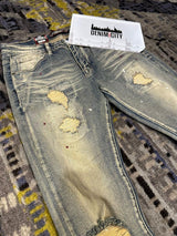Denim City - Knee Ripped Washed Denim - Dark Vintage Burgundy Painted