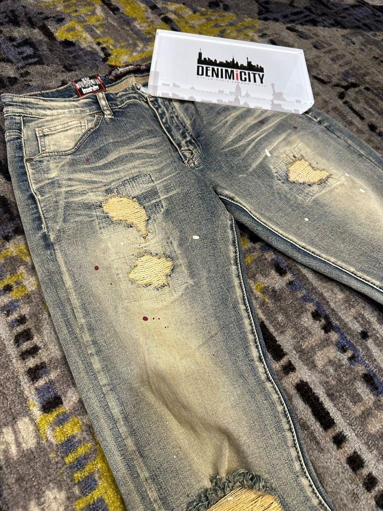 Denim City - Knee Ripped Washed Denim - Dark Vintage Burgundy Painted