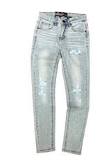 Denim City - Rip & Repair Light Washed Denim - W Baby Blue Stitch