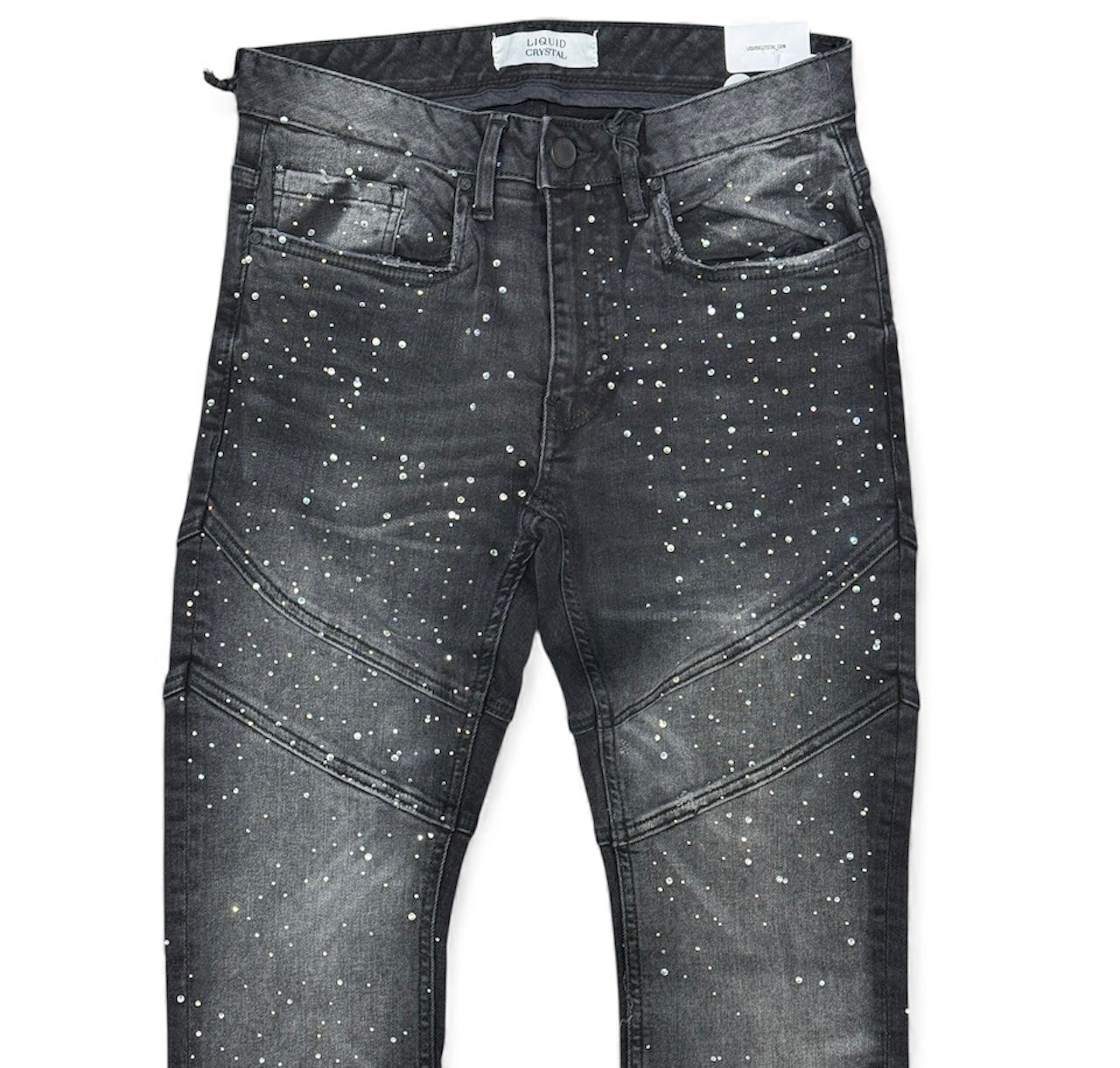 Liquid Crystal - Men Crystal Stacked Jeans - Black Ice JTF2333