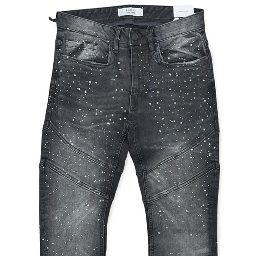 Liquid Crystal - Men Crystal Stacked Jeans - Black Ice JTF2333