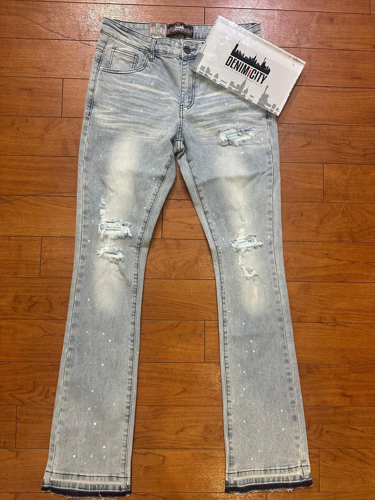 Denim City - Rip & Repair Light Washed Denim - W Baby Blue Stitch
