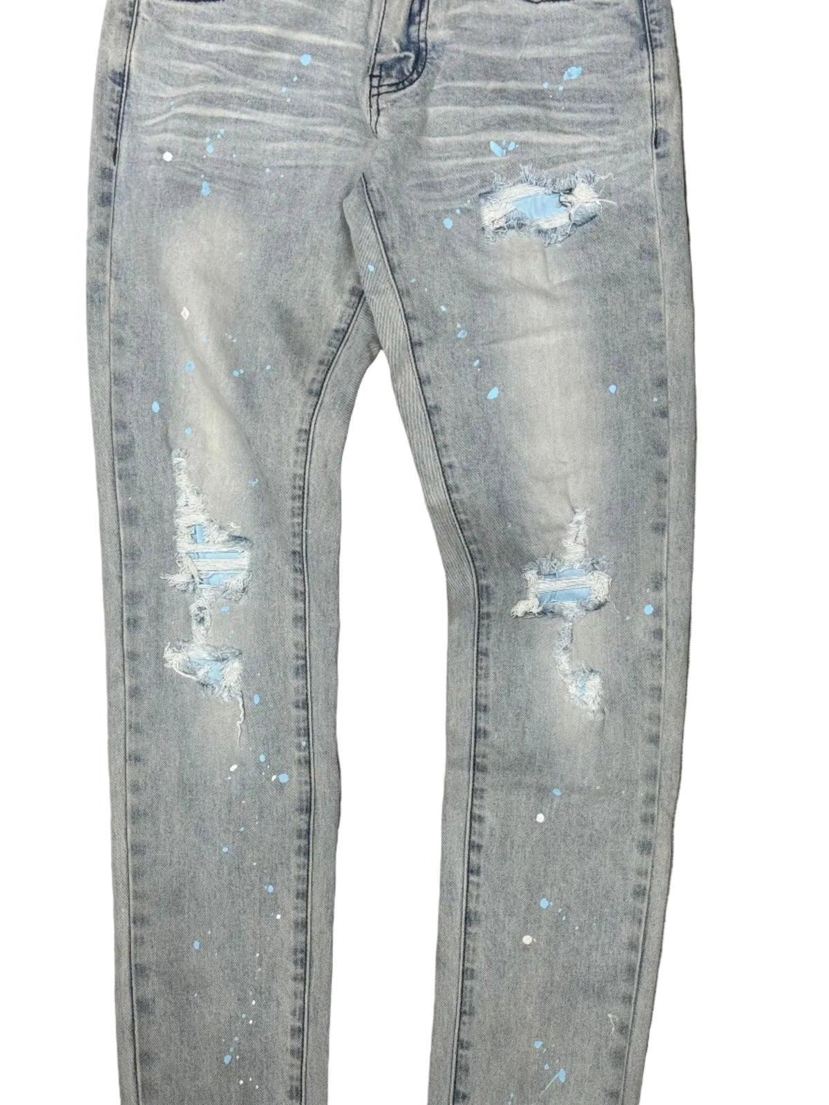 Denim City - Rip & Repair Light Washed Denim - W Baby Blue Stitch