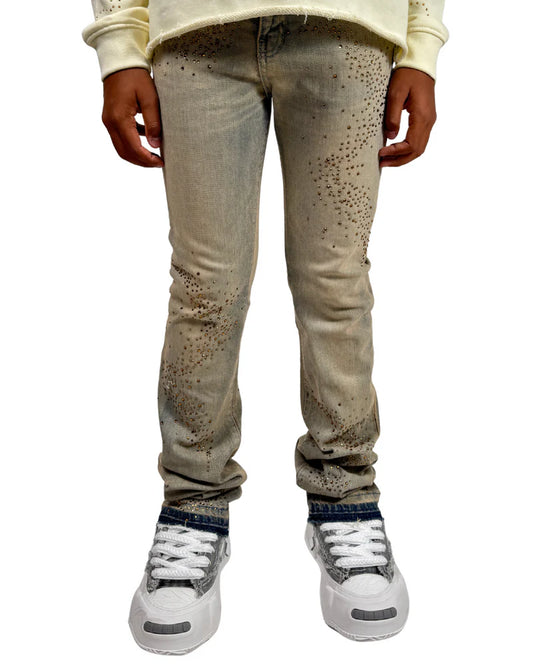 Liquid Crystal - Kids Small & Big Crystal Stacked Jeans - Cream Wash JTF2316