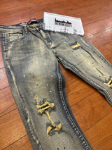 Denim City - Rip & Repair Dark Vintage Washed Denim - W Olive Stitch