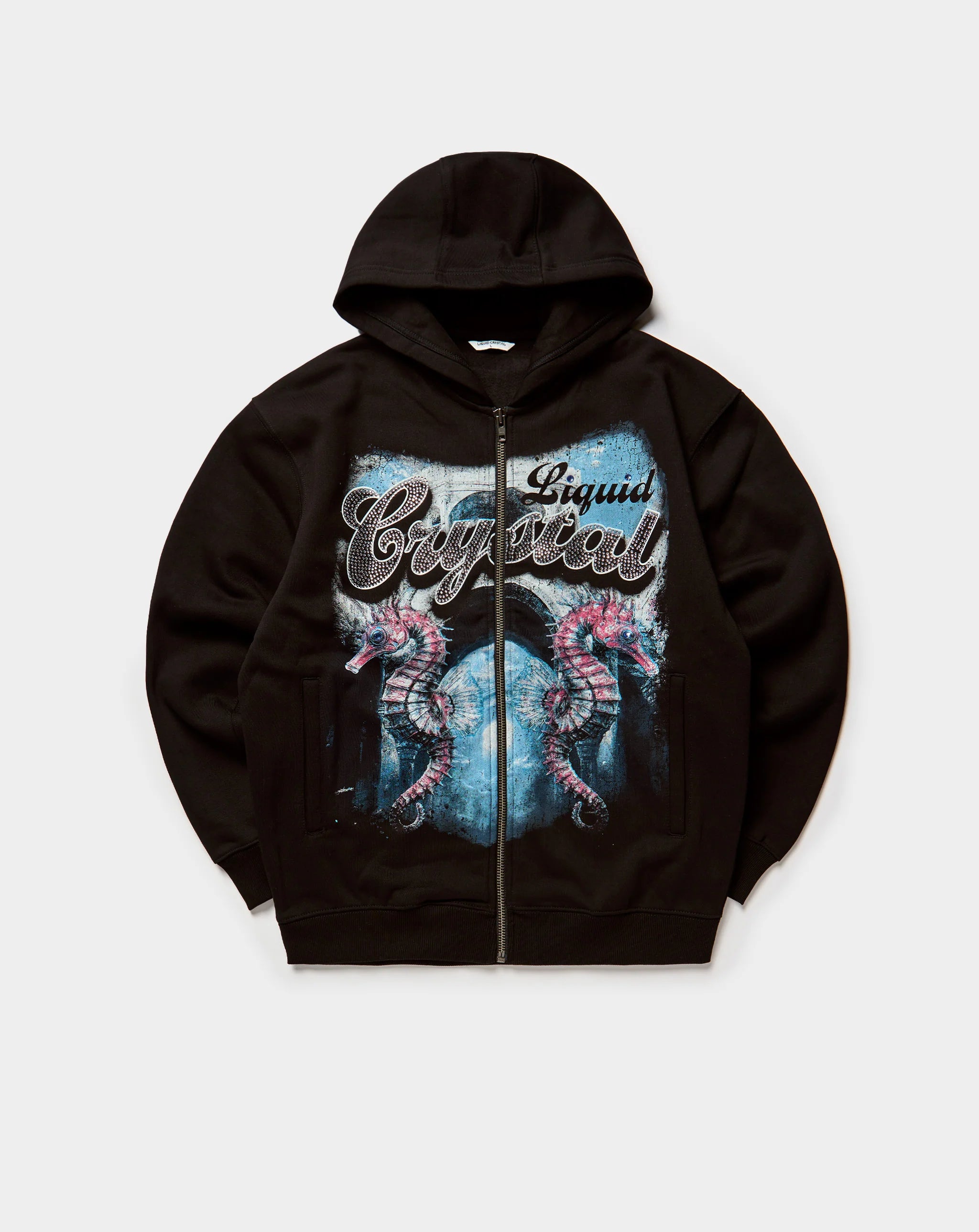 Liquid Crystal - Rhinestone Seahorses Zip Up Hoodie - Black