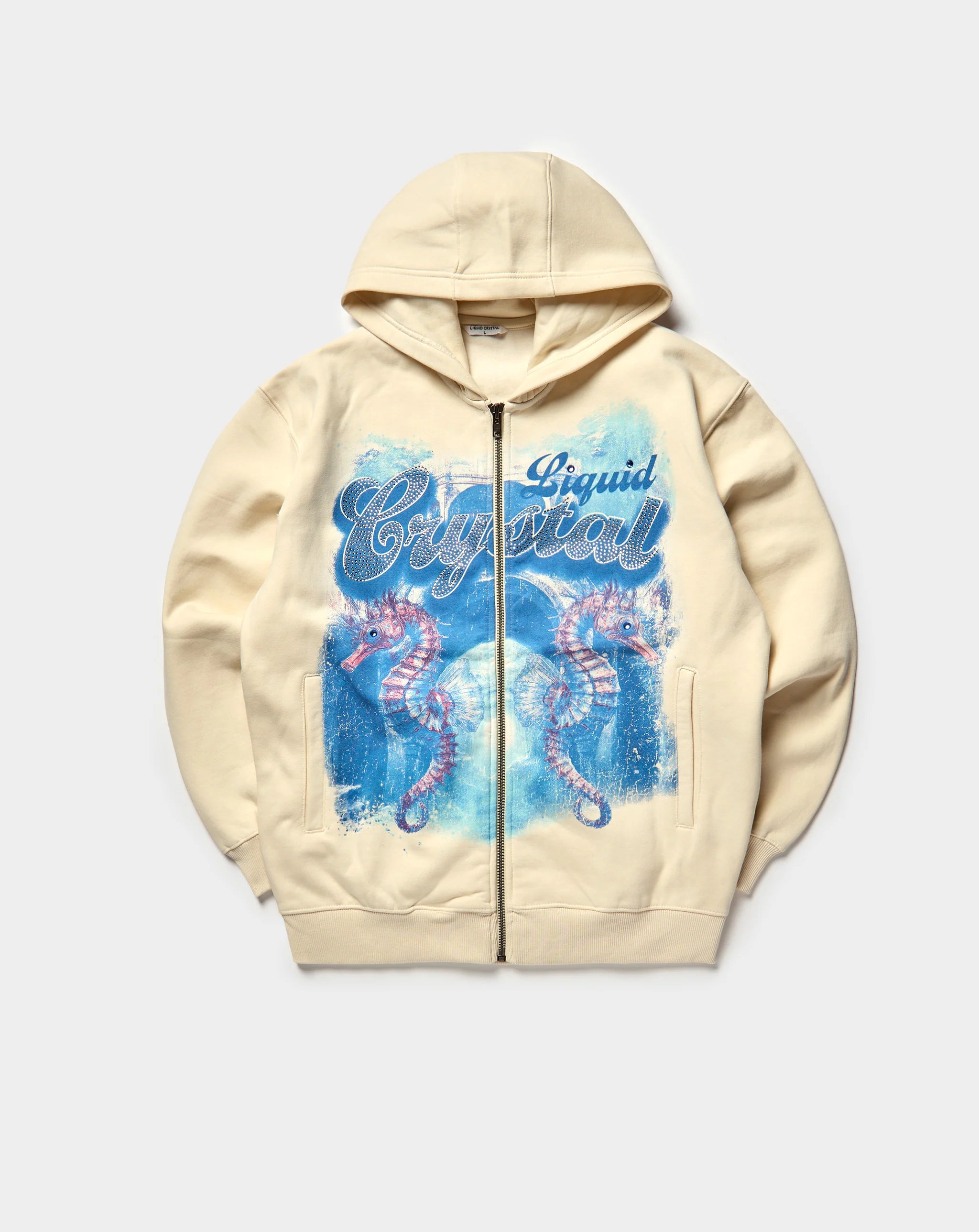 Liquid Crystal - Rhinestone Seahorses Zip Up Hoodie - Bone